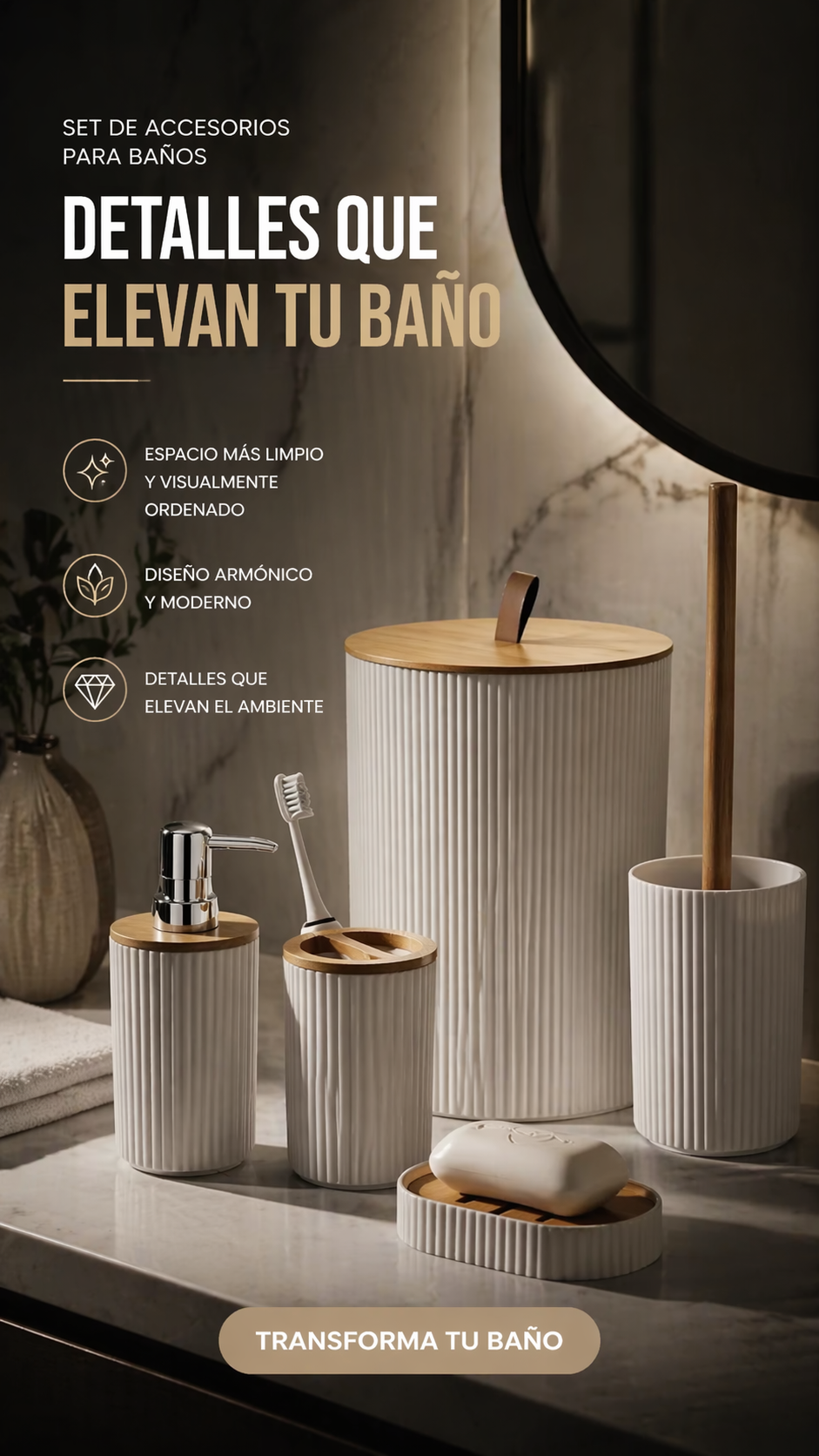 Set de accesorios para lucir un baño elegante y organizado