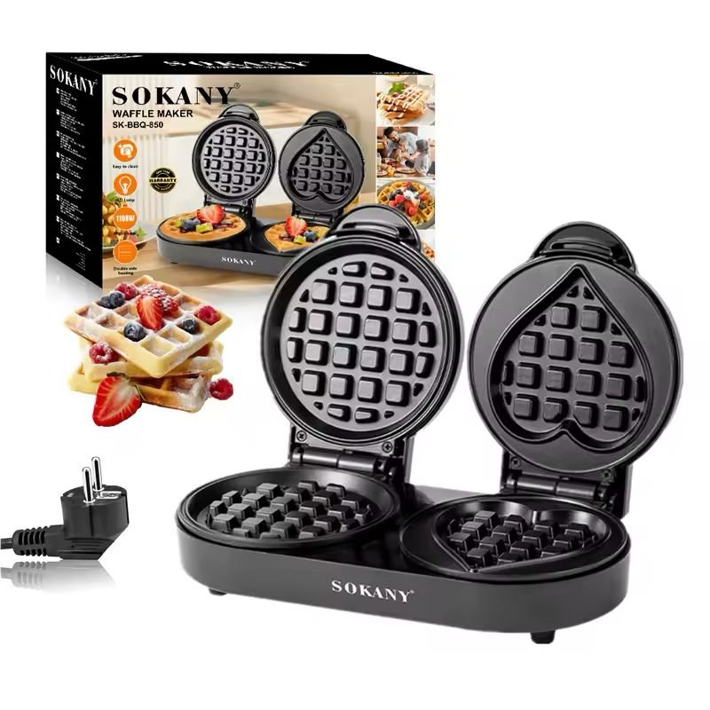 Waflera Eléctrica Doble De Figuras Antiadherente Sokany 1100 Color Negro