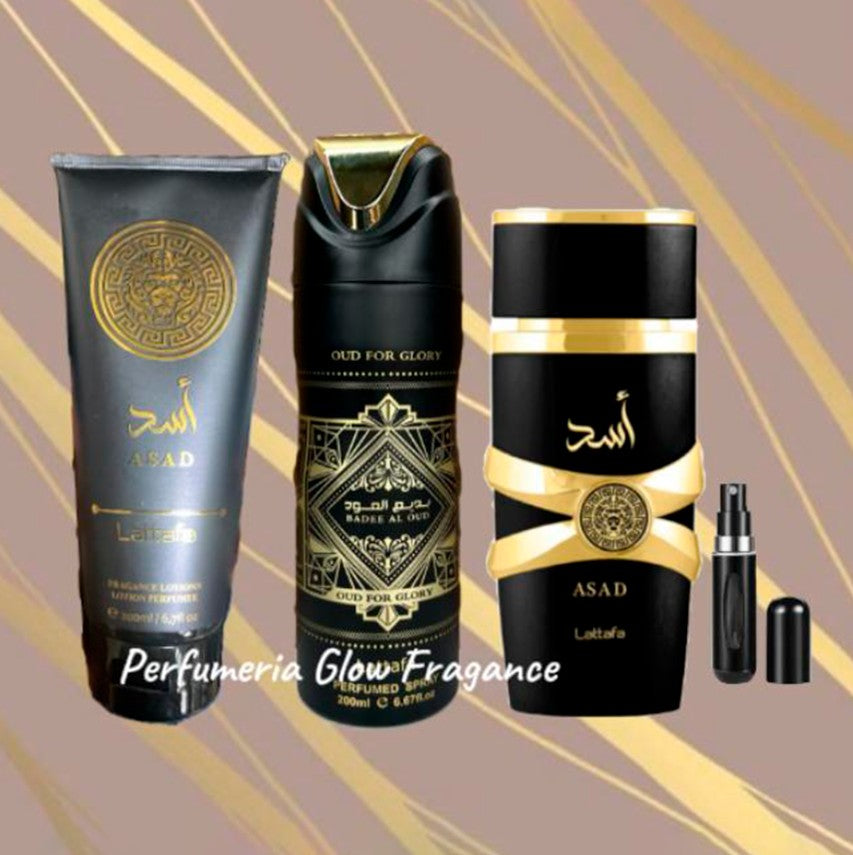 Combo Lattafa Perfume Asad, Spray, Crema + Perfumero para Hombre