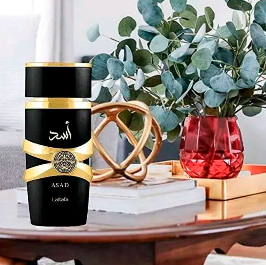 Combo Lattafa Perfume Asad, Spray, Crema + Perfumero para Hombre